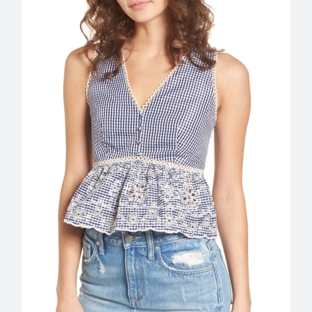 Anthropologie JOA Gingham Lace Trim Top Women's XS Blue White Blouse Sparkle 8